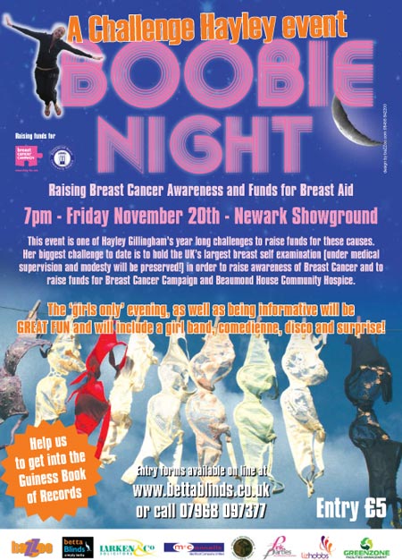 Raising Breast Cancer Awareness and Funds for Breast Aid This event is one of Hayley Gillingham's year long challenges to raise funds for these causes. Her biggest challenge to date is to hold the UK's largest breast self examination (under medical supervision and modesty will be preserved!) in order to raise awareness of Breast Cancer and to raise funds for Breast Cancer Campaign and Beaumond House Community Hospice. The 'girls only' evening, as well as being informative will be GREAT FUN and will include a girl band, comedienne, disco and surprise!